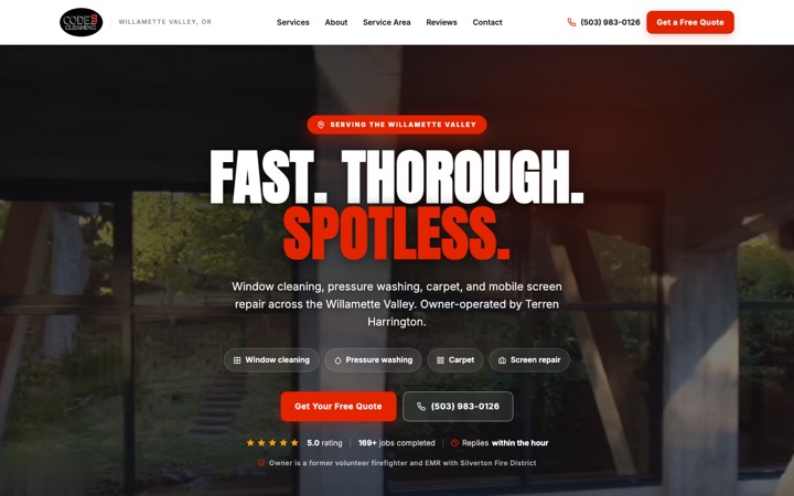 The Code 3 Cleaning homepage, a Pro Site built by Opervo